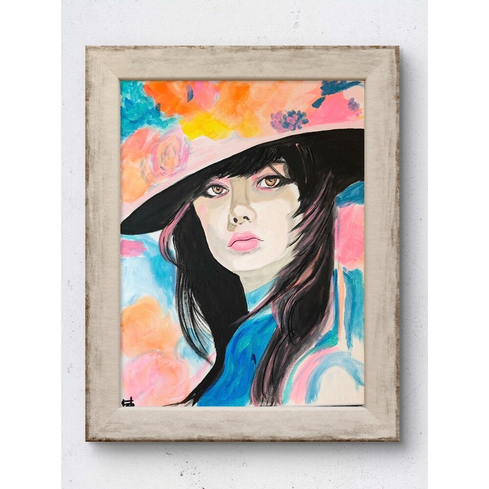 WS original hat girl impressionism portrait painting 12x16 canvas modern art